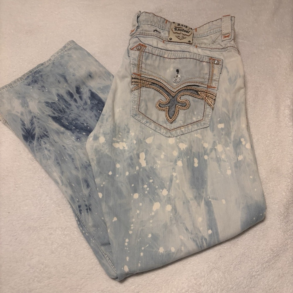 Rock Revival Feeney Alt Straight Mens Jeans 44 Bleach Splatter Wash FLAWS READ